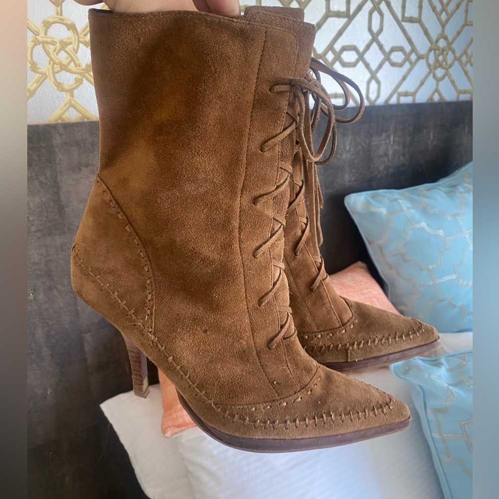 Y2K Nine West Brown Suede Lace-Up Ankle Boots